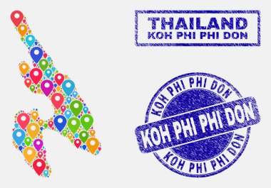 Koh Phi Don harita ve çizik damga Seals harita Işaretçiler kolaj