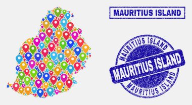 Harita Işaretçileri Mauritius Adası Haritası ve grunge damga Seals mozaik
