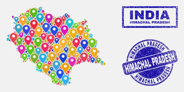 Mapa Pins Collage of Himachal Pradesh State Mapa y Precesión Sellos de Sellos — Vector de stock