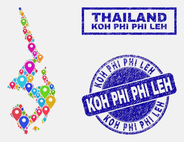 Pins de carte Mosaïque de Koh Phi Leh Carte et sceaux de détresse — Image vectorielle