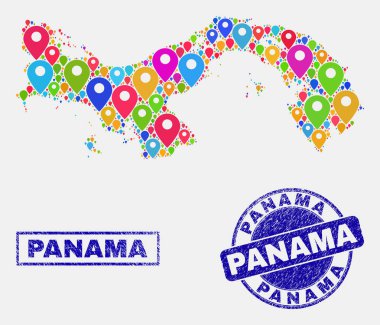 Panama Haritası ve dokulu pullar harita Pins kolaj