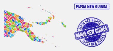 Papua Yeni Gine Haritası ve dokulu damga mühürler harita Işaretçileri kolaj