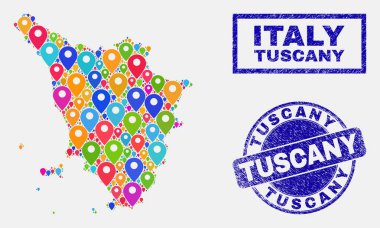 Harita Işaretçiler Collage Toskana bölge haritası ve grunge Seals