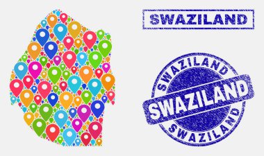 Harita Pins kolaj Swaziland harita ve grunge damga Seals