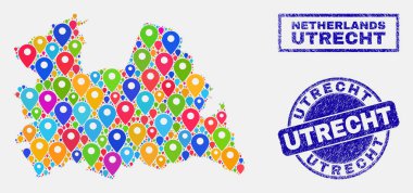 Harita Işaretçiler Utrecht Bölgesi Haritası ve grunge pulları kolaj