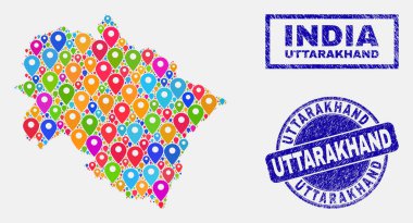 Uttarakhand devlet Haritası ve grunge Seals harita Pins mozaik
