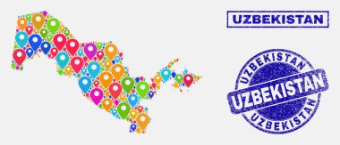 Harita Işaretçiler Özbekistan harita ve çizik damga mühürler kolaj
