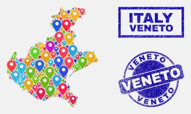 Harita Işaretçileri Veneto bölge haritası ve çizik damga mühürler mozaik