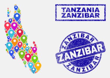 Harita Işaretçileri Zanzibar Haritası ve dokulu mühürler mozaik