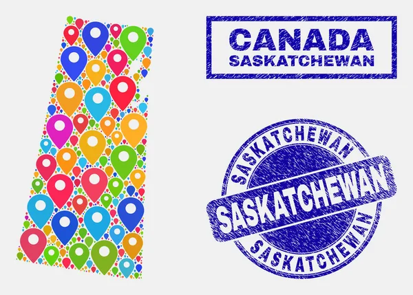 Kaart pins collage van Saskatchewan provincie kaart en nood zeehonden — Stockvector