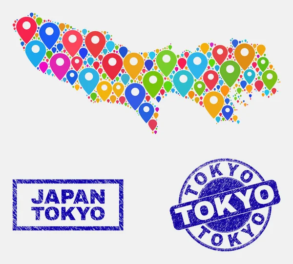 Map Pins Collage of Tokyo Prefecture Map and Grunge Seals — Stock Vector