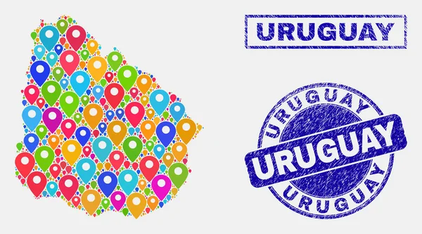 Mapa Marcadores Mosaico de Uruguay Mapa y Grunge Sellos — Vector de stock