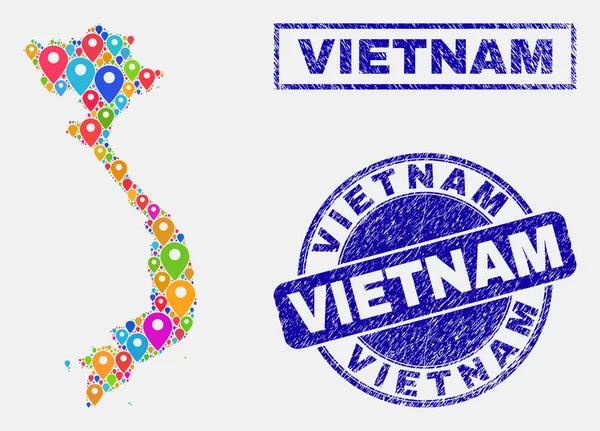 Mapa Marcadores Mosaico de Vietnam Mapa y Sellos Grunge — Archivo Imágenes Vectoriales