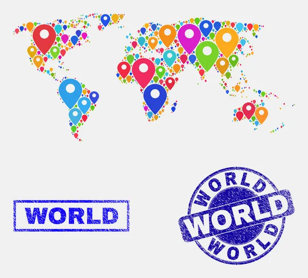 Mappa Marcatori Collage of World Map e sigilli di francobolli strutturati — Vettoriale Stock