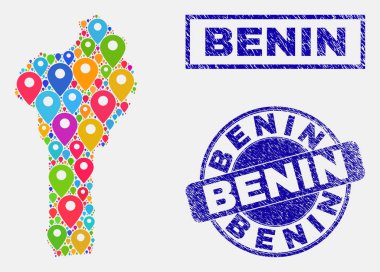 Harita Işaretçileri Benin Haritası ve grunge damga Seals mozaik