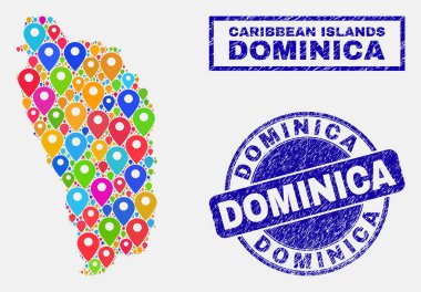 Dominika Adası Haritası ve çizik damga mühürler harita Pins mozaik
