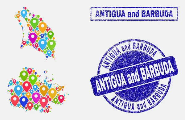 Kartenzeiger Collage aus Antigua und Barbuda Karte und texturierten Siegeln — Stockvektor