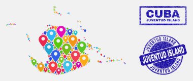 Harita Işaretçiler Juventud Adası Haritası ve çizik pullar mozaik