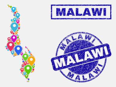 Harita Işaretçiler Malawi harita ve çizik damga contalar kolaj