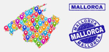 Mallorca harita ve grunge pullar harita Pins mozaik