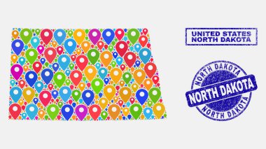 Kuzey Dakota devlet Haritası ve dokulu damga mühürler harita Pins kolaj