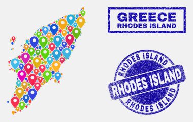Rodos Adası Haritası ve çizik pulları Map Pins mozaik