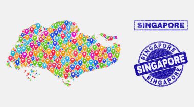 Singapur harita ve grunge Seals harita Pins kolaj