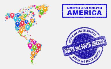 Harita Pins kolaj Güney ve Kuzey Amerika Haritası ve grunge pullar