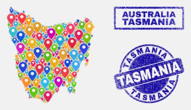 Tasmania Adası harita ve sıkıntı damga Seals harita Pins mozaik