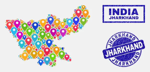 Mapa Pins Collage of Jharkhand Mapa del Estado y Sellos Rasguñados — Vector de stock
