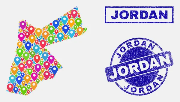 Carte géographique Marqueurs Mosaïque de Jordanie Carte et timbres-poste texturés — Image vectorielle