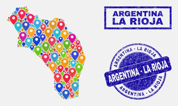 Карта Маркеры Коллаж La Rioja Аргентины Карта и печать бедствий — стоковый вектор