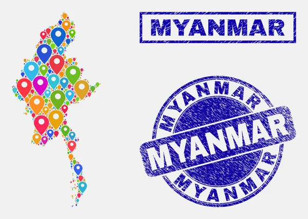 Kaart pins collage van Myanmar kaart en grunge zeehonden — Stockvector