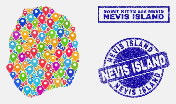 Mapa Marcadores Mosaico de Isla Nevis Mapa y Grunge Sellos — Vector de stock