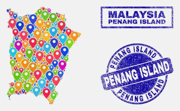 Mapa markery mozaika z wyspy Penang Mapa i porysowane znaczki — Wektor stockowy