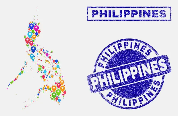 Mappa Indicatori Collage of Filippine Mappa e francobolli di soccorso — Vettoriale Stock