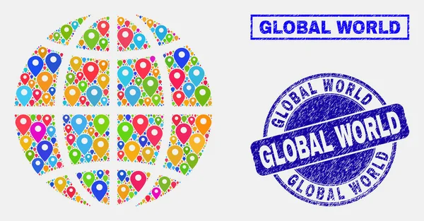 Kartenzeiger Mosaik des Planeten Globus und zerkratzte Stempelsiegel — Stockvektor