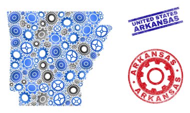 Wheel Mozaik Vektörü Arkansas Devlet Haritası ve Grunge Damgaları