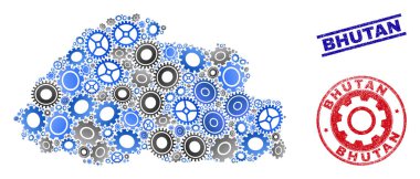 Hizmet Kolaj Vektör Bhutan Haritası ve Grunge Pullar
