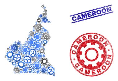 Cog Kolaj Vektör Kamerun Haritası ve Grunge Seals