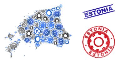 Mekanik Mozaik Vektör Estonya Haritası ve Grunge Pullar