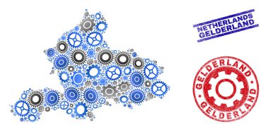 Mekanik Mozaik Vektör Gelderland İl Haritası ve Grunge Pullar