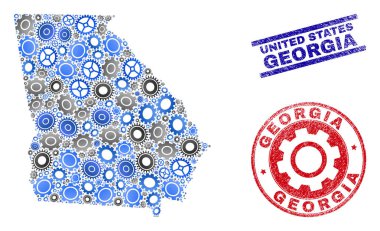 Mekanik Kompozisyon Vektör Gürcistan Devlet Haritası ve Grunge Pullar