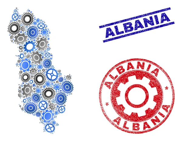 Mechanika mozaika Vector Albania Mapa i grunge znaczki — Wektor stockowy