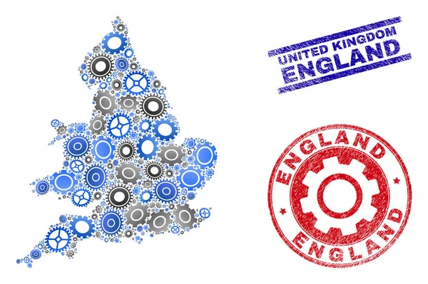 Mechanica collage vector Engeland kaart en grunge zeehonden — Stockvector