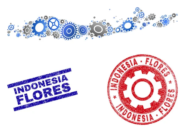 Collage Vector Flores Islands of Indonesia Mappa e francobolli Grunge — Vettoriale Stock