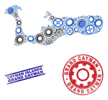 Dişli Kolaj Vektör Grand Cayman Adası Haritası ve Grunge Seals