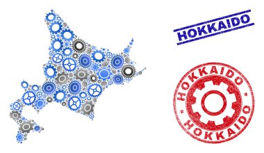 Cog Kolaj Vektör Hokkaido Haritası ve Grunge Pullar