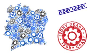 Dişli Kompozisyon Vektör Fildişi Sahili Haritası ve Grunge Pullar