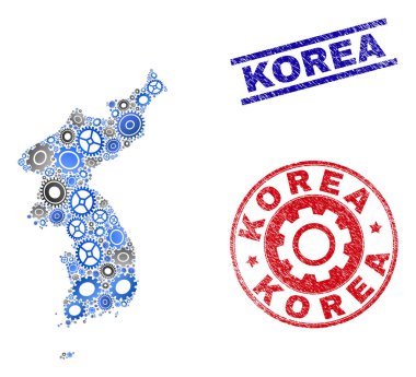Çarkıfelek Mozaik Vektörü Kore Haritası ve Grunge Mühürleri